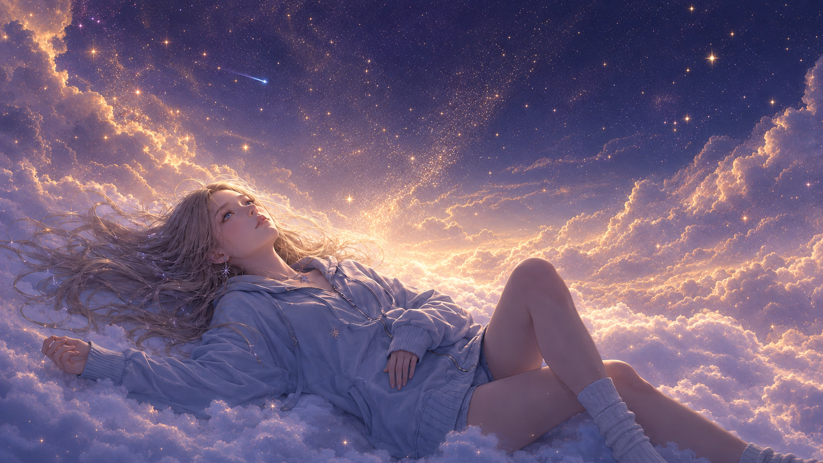 Raylene resting among luminous golden clouds